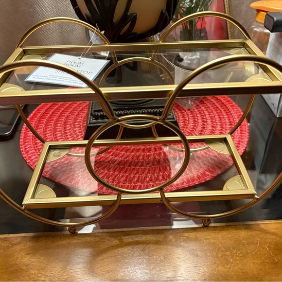 Gold Metal and Glass 2 tier shelves weight limit 3 lbs. each. Great for makeup. - Picture 4 of 4